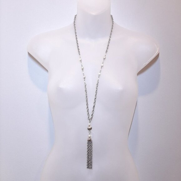 4Pc Set Faux Pearl Silver Chain Jewelry Lariat Knot Necklace Bracelet Tassel - Picture 7 of 13